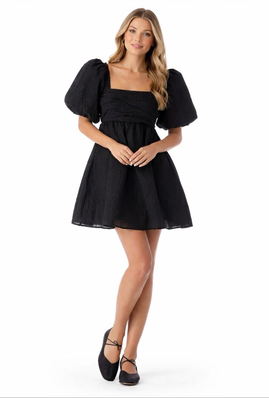 CROSBY by Mollie Burch Hunter Black Textured Puff Sleeve Mini Dress NWT M